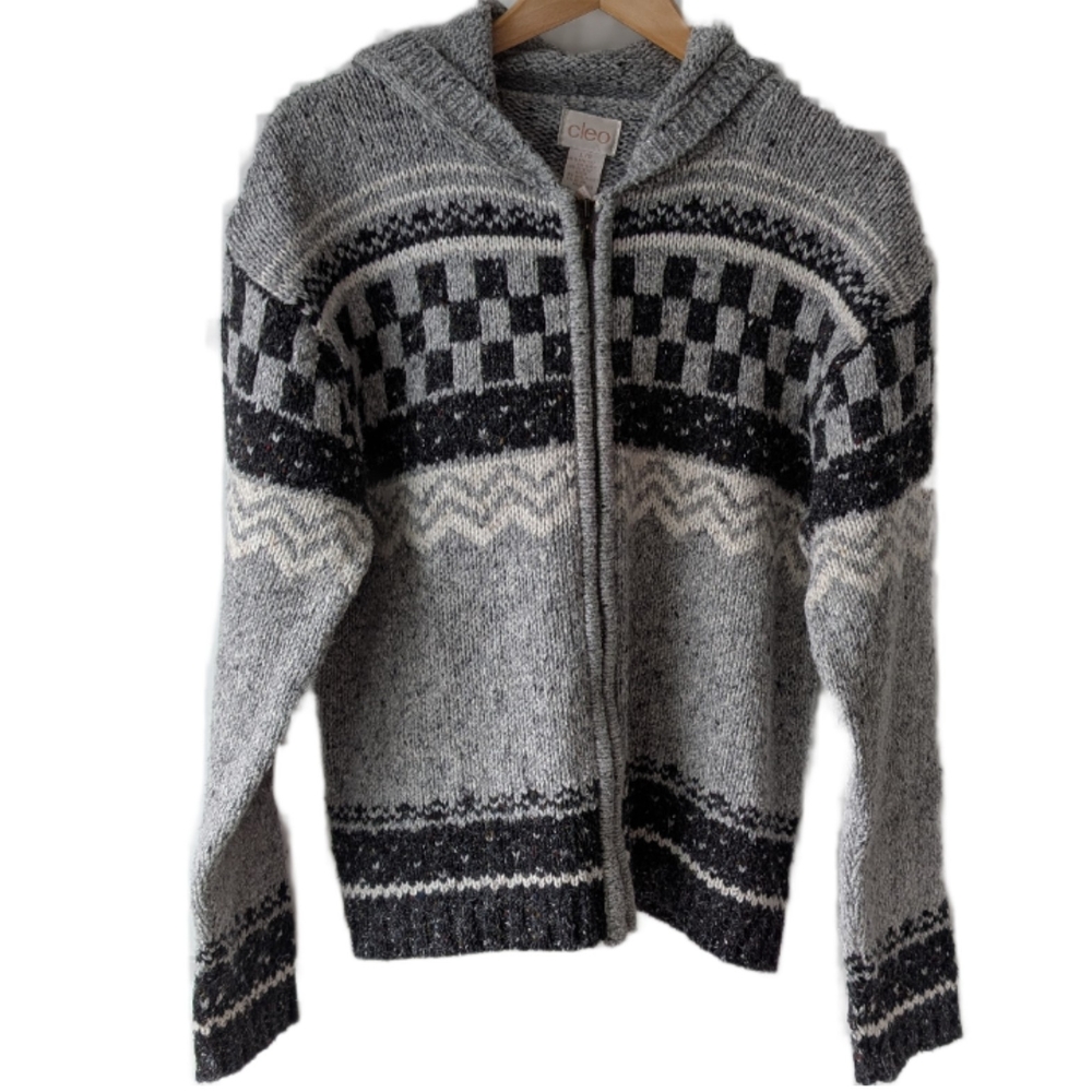 Vintage Art Deco Zip-Up Hooded Cardigan Sweater Size L